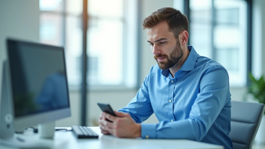 Muško u plavoj košulji radi na telefonu u modernom uredu s dodatnim ekranom u pozadini